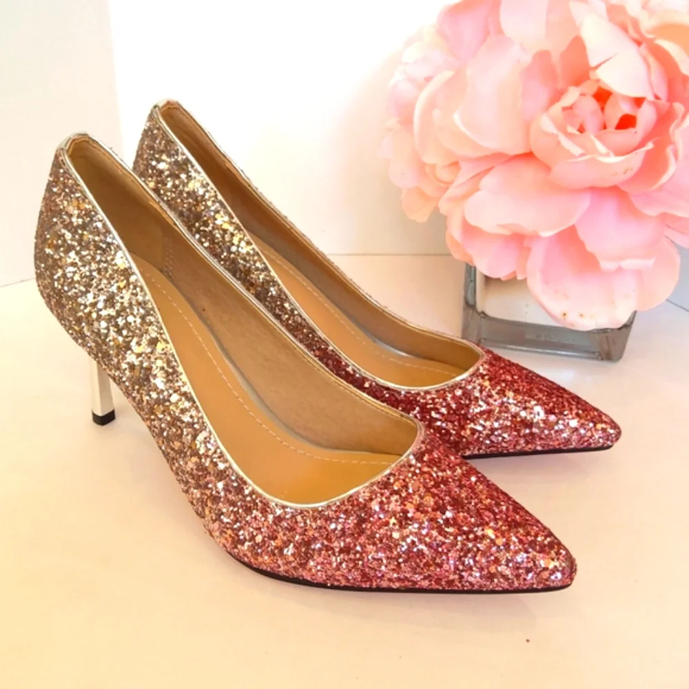 NEW ! Women's glamorous pink silver glitter high heels pumps Wedding Party Prom